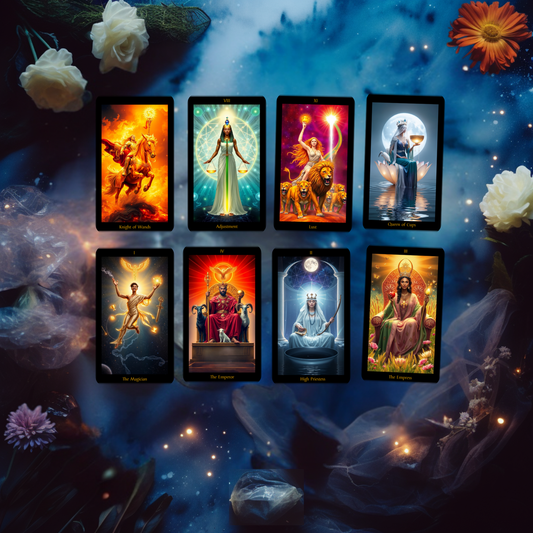 Set of tarot cards with colorful illustrations on a mystical background with flowers.